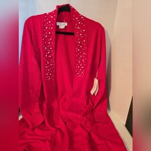 Cocobleu New York Red Long Cardigan with Pearl Embellishments-Medium
